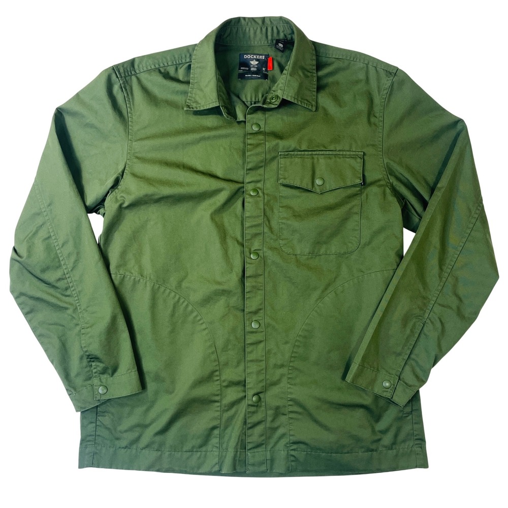 Dockers Mens Olive Green All Seasons Tech Relaxed Fit Snap Front Shirt Jacket S